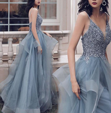 simidress.com | Prussian Blue A-line V-neck Appliqued Multi-Layered Organza Prom Dresses, SP542