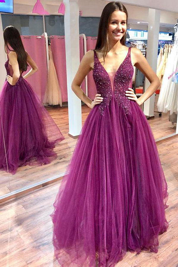 Elegant Purple Tulle A Line V Neck Beaded Floor Length Long Prom Dress –  Simidress