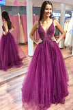 Elegant Purple Tulle A Line V Neck Beaded Floor Length Long Prom Dresses, SP543