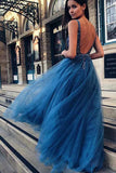 www.simidress.com supply New Arrival Blue Tulle Beaded A Line V Neck Backless Long Prom Dresses, SP544