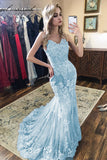Fabulous Light Blue Mermaid V Neck Spaghetti Straps Lace Prom Dresses, SP545