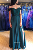 Dark Green Chiffon A Line Off Shoulder Split Prom Dress, Bridesmaid Dresses, SP546