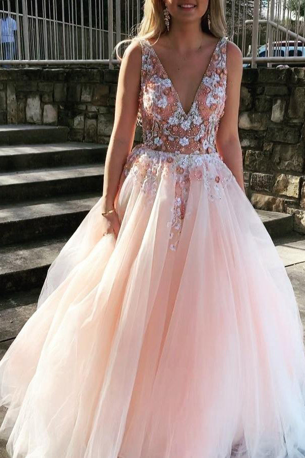 Fashion Pink Beaded A Line V Neck Open Back Long Prom Dress, Party Dresses, SP547 at www.simidress.com