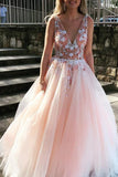 Fashion Pink Beaded A Line V Neck Open Back Long Prom Dress, Party Dresses, SP547