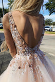 www.simidress.com offer Fashion Pink Beaded A Line V Neck Open Back Long Prom Dress, Party Dresses, SP547