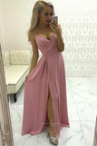 Simple Spaghetti Straps Satin Long Prom Dresses Party Dress with Pleats and Slit, SP548