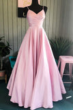 Elegant Simple Pink A Line Pleated Spaghetti Straps Satin Long Prom Dress, SP549