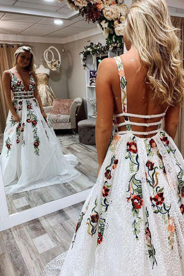 White Lace Floral Princess A Line V Neck Backless Long Prom Dresses, P Simidress White Lace Floral Princess A Line V Neck Backless Long Prom Dresses, P Simidress