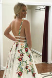 www.simidress.com supply White Lace Floral Princess A Line V Neck Backless Long Prom Dresses, Party Dress, SP552