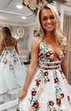 Find White Lace Floral Princess A Line V Neck Backless Long Prom Dresses, Party Dress, SP552 at simidress.com