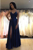Elegant Navy Blue A Line V Neck Spaghetti Straps Prom Dresses with Side Slit, SP553