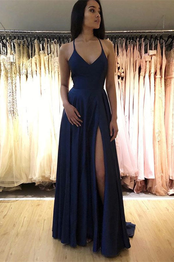 www.simidress.com offer Elegant Royal Blue A Line V Neck Spaghetti Straps Prom Dresses with Side Slit, SP553