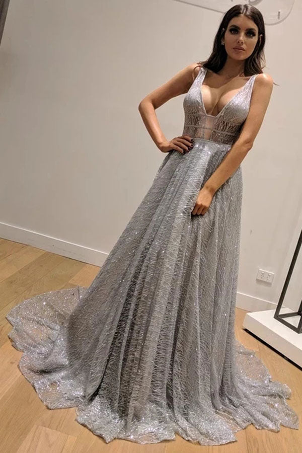 Unique Deisgn Silver Modest A-Line Sleeveless Long Prom Dresses with Train, SP554
