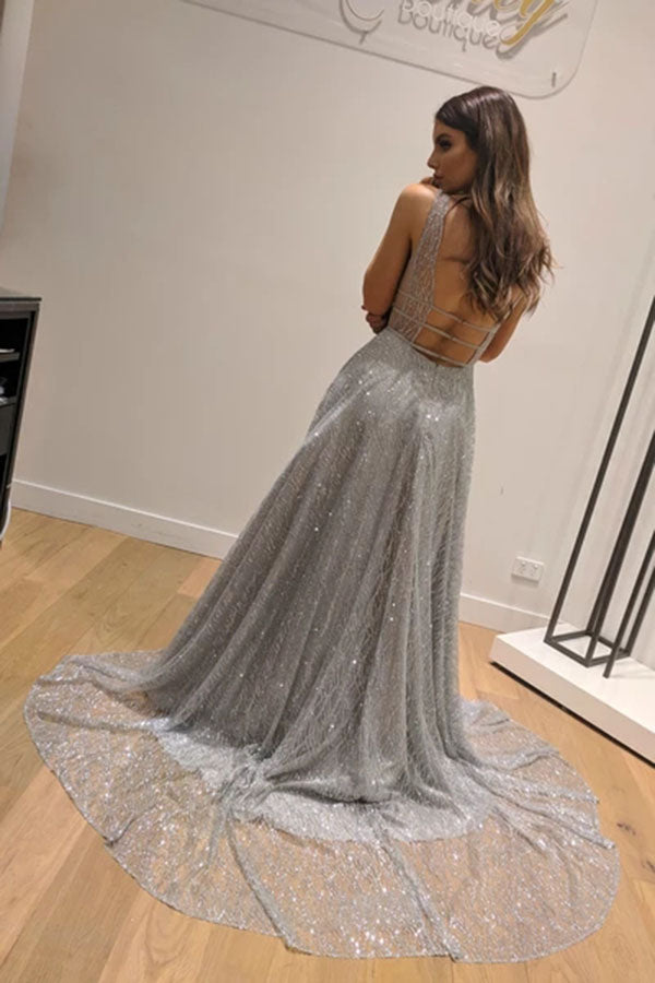 Unique Deisgn Silver Modest A Line Sleeveless Long Prom Dresses with T Simidress