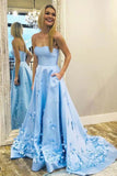 Beautiful Sky Blue Satin Sweetheart 3D Floral Long Prom Dresses with Appliques, SP555