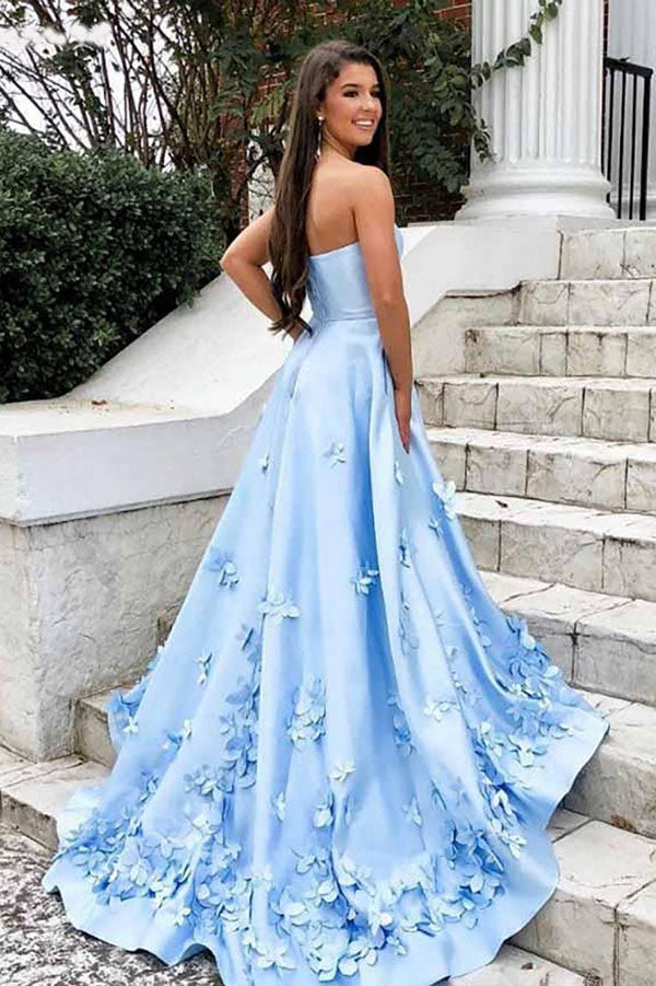 Beautiful Sky Blue Satin Sweetheart 3D Floral Long Prom Dresses with  Appliques, SP555