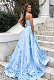 www.simidress.com supply Beautiful Sky Blue Satin Sweetheart 3D Floral Long Prom Dresses with Appliques, SP555