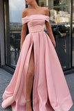 www.simidress.com supply Simple Yellow Satin A Line Off the Shoulder High Slit Long Prom Dresses, SP556-D
