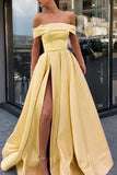 Simple Yellow Satin A Line Off the Shoulder High Slit Long Prom Dresses, SP556