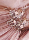 www.simidress.com offer Elegant Pink Flower Tulle A Line V Neck Open Back Lace Prom Dresses Evening Dress, SP557