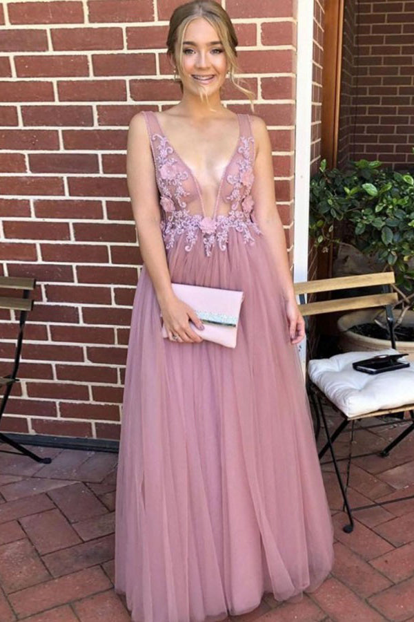 Elegant Pink Flower Tulle A Line V Neck Open Back Lace Prom Dresses Ev Simidress Elegant Pink Flower Tulle A Line V Neck Open Back Lace Prom Dresses Ev Simidress