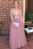 Elegant Pink Flower Tulle A Line V Neck Open Back Lace Prom Dresses Evening Dress, SP557