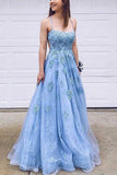 Blue Lace Tulle A Line Sweetheart Spaghetti Straps Prom Dresses with Appliques, SP558