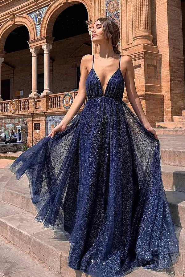 New Arrival Navy Tulle Sparkly A-line Deep V-neck Backless Elegant