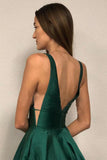 www.simidress.com supply Simple Green Satin A-Line V Neck Long Prom Dresses, Party Dresses With Pockets, SP562 BACK