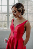 www.simidress.com supply Simple Red Satin A-Line V Neck Long Prom Dresses, Party Dresses With Pockets, SP562