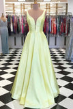 Simple Blue Satin A-Line V Neck Long Prom Dresses, Party Dresses With Pockets, SP562