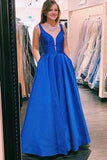 www.simidress.com supply Simple Blue Satin A-Line V Neck Long Prom Dresses, Party Dresses With Pockets, SP562 blue