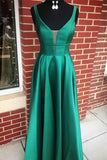 www.simidress.com supply Simple green Satin A-Line V Neck Long Prom Dresses, Party Dresses With Pockets, SP562