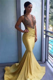 Sexy Yellow Satin Mermaid Sleeveless Beaded Long Evening Dresses with Appliques, SP563