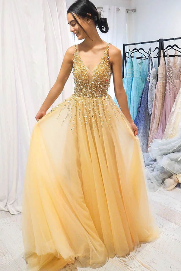 New Arrival Tulle Beaded Yellow A-line V-neck Floor Length Long Prom D Simidress New Arrival Tulle Beaded Yellow A-line V-neck Floor Length Long Prom D Simidress