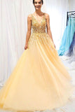 www.simidress.com supply New Arrival Tulle Beaded Yellow A-line V-neck Floor Length Long Prom Dress, SP566