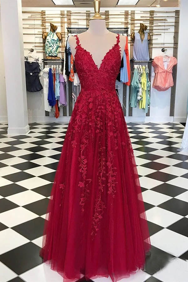Dark Red A Line V Neck Spaghetti Straps Open Back Prom Dresses with Ap Simidress Dark Red A Line V Neck Spaghetti Straps Open Back Prom Dresses with Ap Simidress