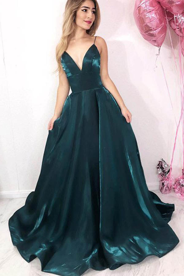 Sparkly Dark Green A Line V Neck Spaghetti Straps Long Prom Dress with   Simidress