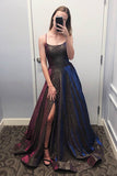 Unique Sparkly Ball Gown Spaghetti Straps Scoop Prom Dresses With Slit, SP570