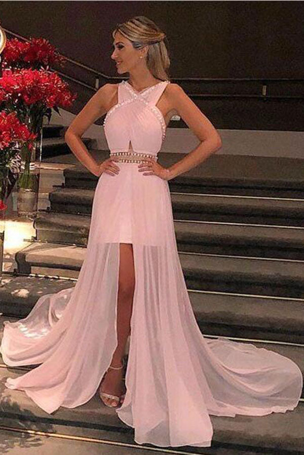 Pink Chiffon Modest Cross Neck Long Prom Dresses Evening Dresses With Simidress Pink Chiffon Modest Cross Neck Long Prom Dresses Evening Dresses With Simidress