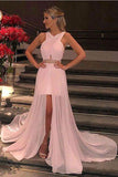 Pink Chiffon Modest Cross Neck Long Prom Dresses Evening Dresses With Beading, SP572