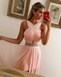 simidress.com offer Pink Chiffon Modest Cross Neck Long Prom Dresses Evening Dresses With Beading, SP572