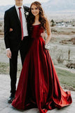 Simple Burgundy Satin A-line Long Prom Dress, Party Dresses with Pockets, SP573