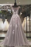 Modest Gray Tulle A-line Scoop Long Prom Dress Evening Dress with Appliques, SP574