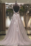 simidress.com offer Modest Gray Tulle A-line Scoop Long Prom Dress Evening Dress with Appliques, SP574