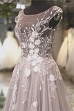 Find Modest Gray Tulle A-line Scoop Long Prom Dress Evening Dress with Appliques, SP574 at www.simidress.com