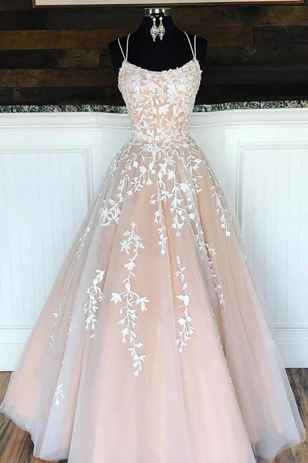 Elegant Double Straps Tulle Ball Gown Long Prom Dresses with Appliques, SP575