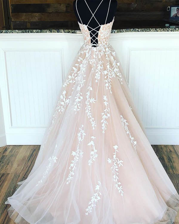 simidress.com supply Elegant Double Straps Tulle Ball Gown Long Prom Dresses with Appliques, SP575