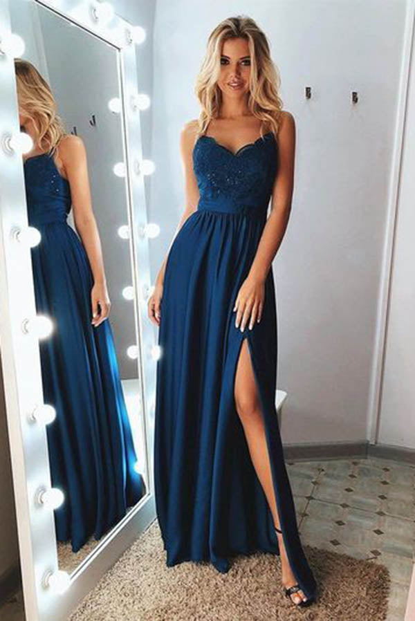 Simple Satin Blue Lace Spaghetti Straps Long Prom Dresses With Side Slit, SP576
