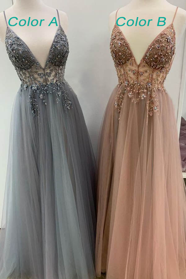 Grey Tulle Sparkly A-line V-neck Beaded Spaghetti Straps Long Prom Dresses, SP577a